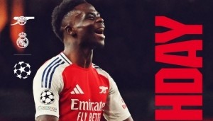 大战来临！阿森纳发布欧冠对阵皇马海报：萨卡单人出镜